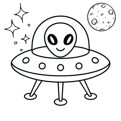 Cartoon UFO with an alien face, stars, and a moon on a white background