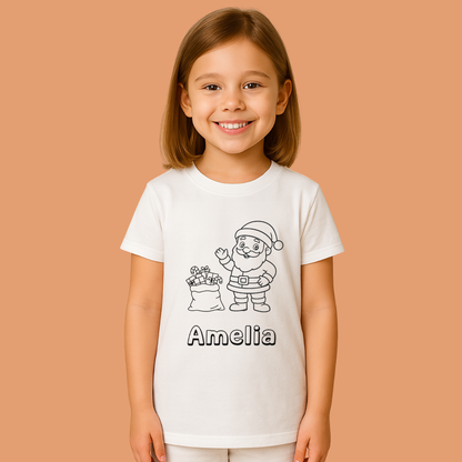 Child wearing a white t-shirt with a printed design and name on a beige background