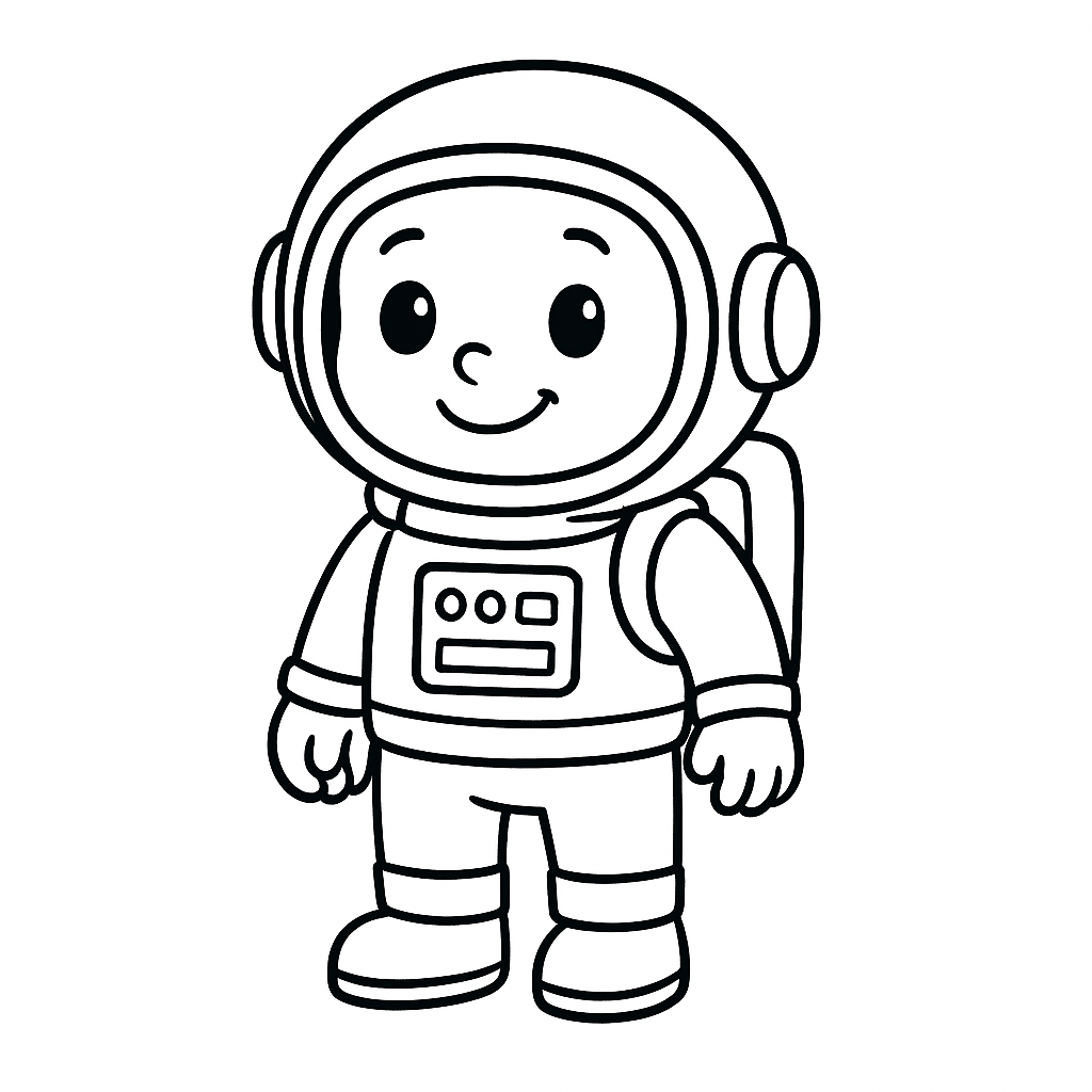 Cartoon astronaut in a black and white line drawing style on a white background