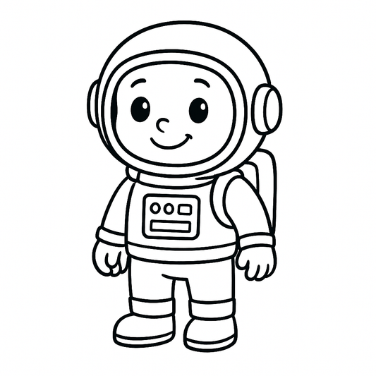 Cartoon astronaut in a black and white line drawing style on a white background