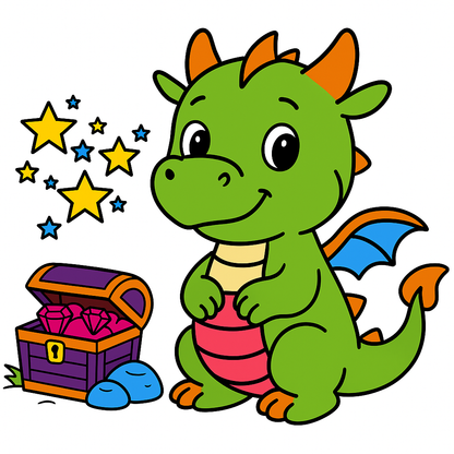 Colorful cartoon dragon with a treasure chest and stars on a white background
