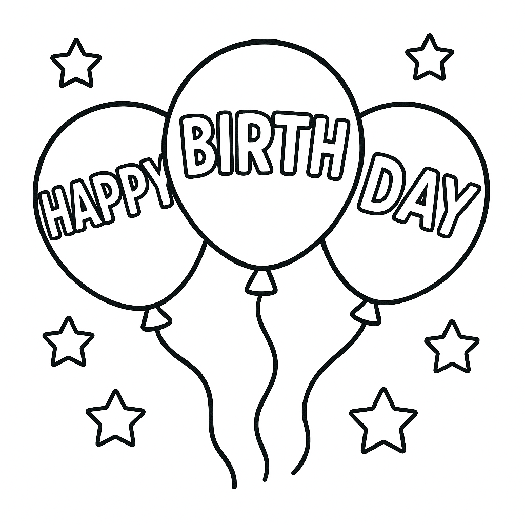 Black and white illustration of balloons with 'Happy Birthday' text and stars.
