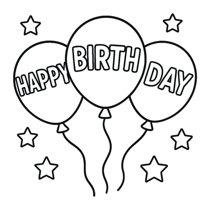 Black and white illustration of balloons with 'Happy Birthday' text and stars.