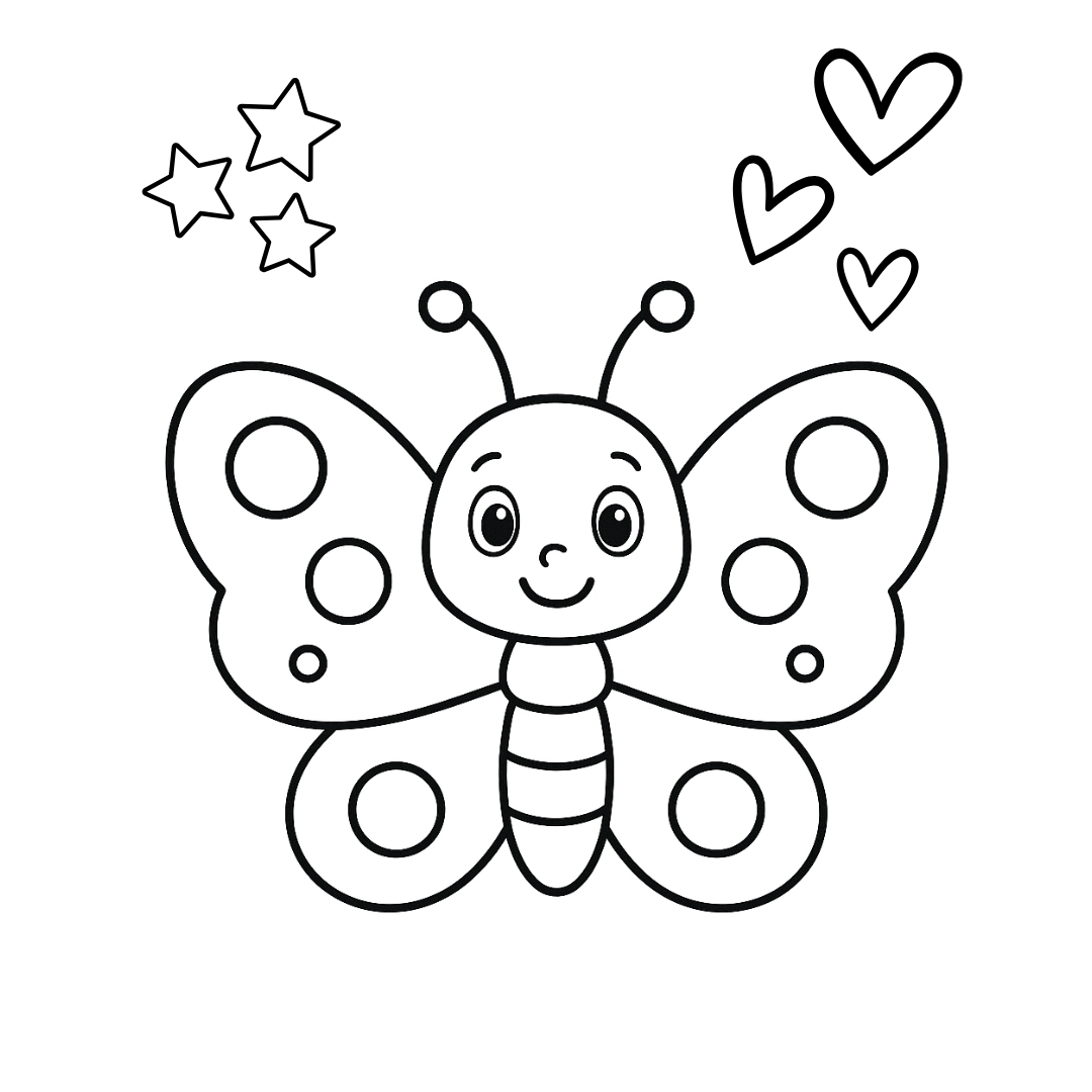 Black and white outline of a cartoon butterfly with stars and hearts on a white background
