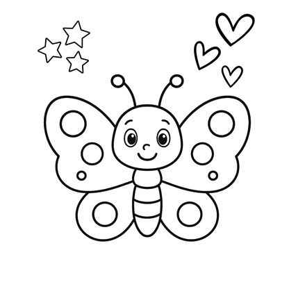 Black and white outline of a cartoon butterfly with stars and hearts on a white background