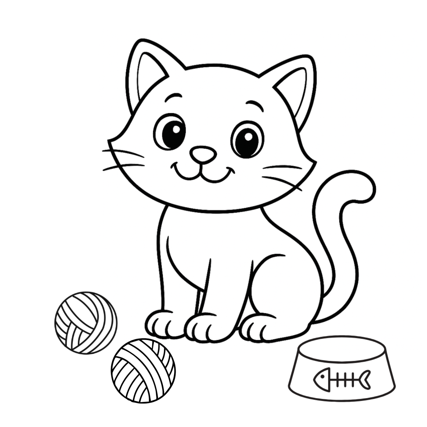 Black and white line drawing of a cat with toys and a bowl on a white background