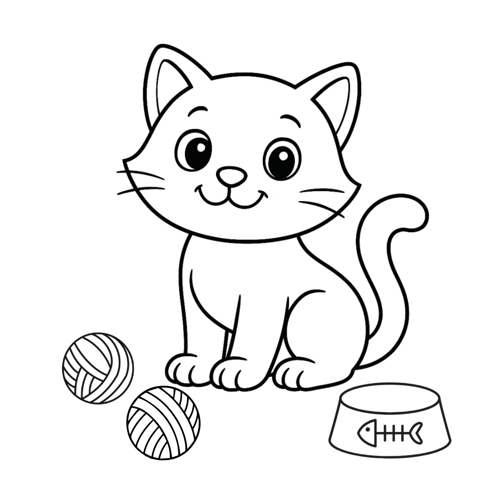 Black and white line drawing of a cat with toys and a bowl on a white background