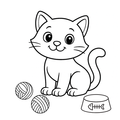 Black and white line drawing of a cat with toys and a bowl on a white background