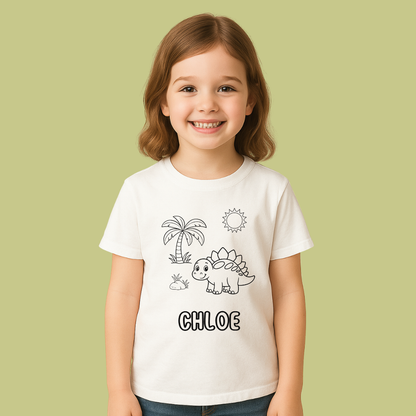 Child wearing a white t-shirt with a dinosaur design and the name 'Chloe' on a light green background