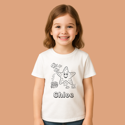 Child wearing a white t-shirt with a starfish design and the name 'Chloe' on a beige background