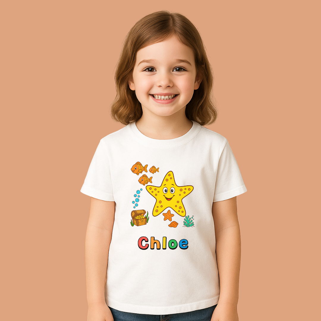 Child wearing a white t-shirt with a colorful starfish design and the name 'Chloe' on a beige background