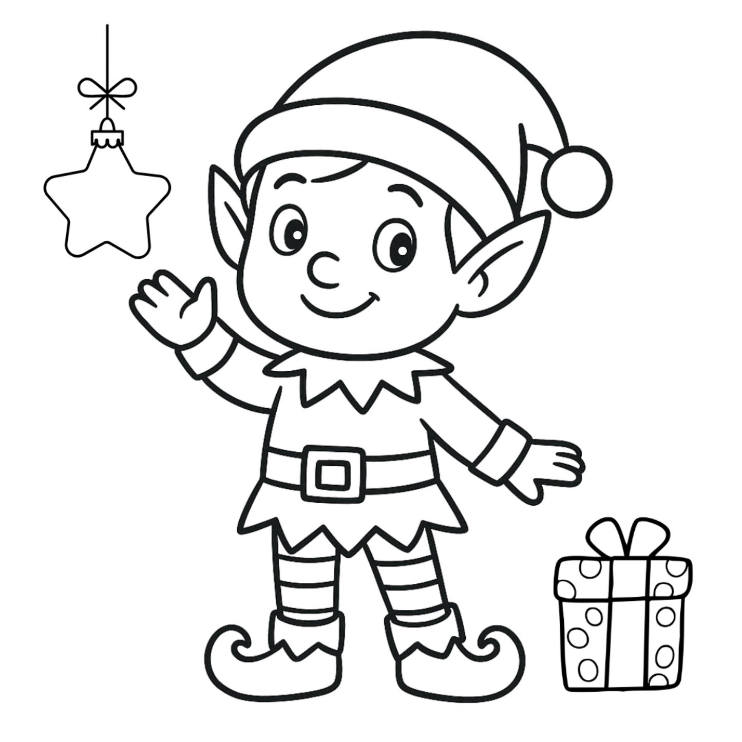 Black and white illustration of a Christmas elf with a star ornament and gift box.