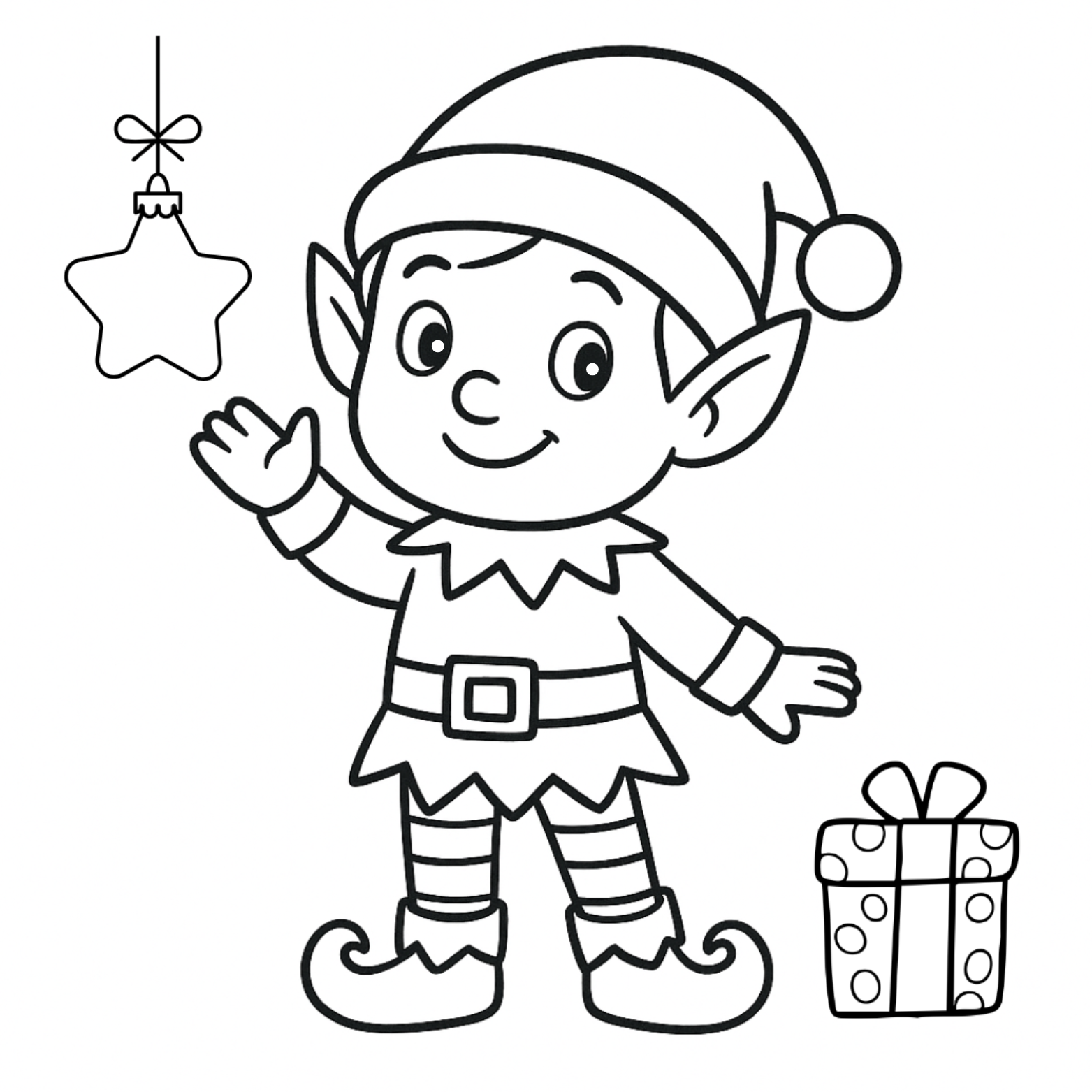 Black and white illustration of a Christmas elf with a star ornament and gift box.