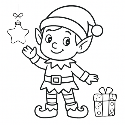 Black and white illustration of a Christmas elf with a star ornament and gift box.