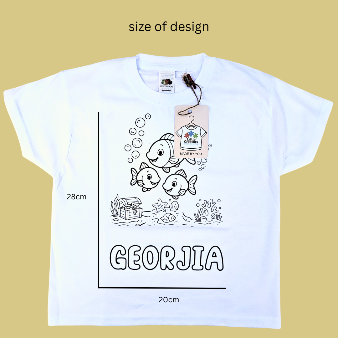 White t-shirt with cartoon fish design and 'GEORJIA' text, on a beige background. size guide.