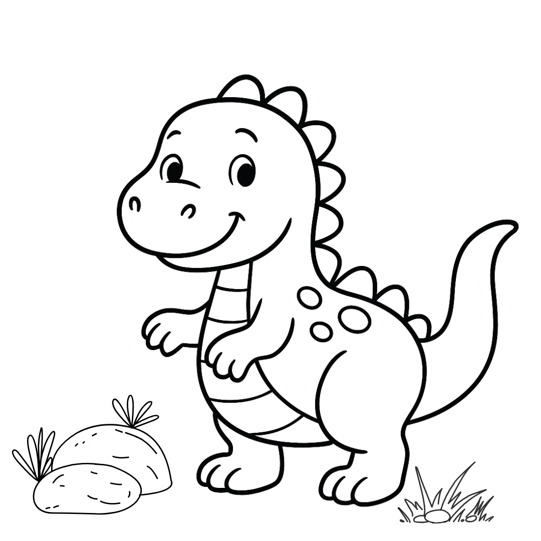 Black and white line drawing of a cartoon dinosaur with a rock and grass on a white background