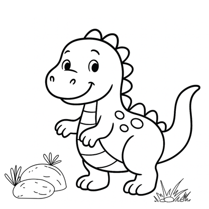 Black and white line drawing of a cartoon dinosaur with a rock and grass on a white background