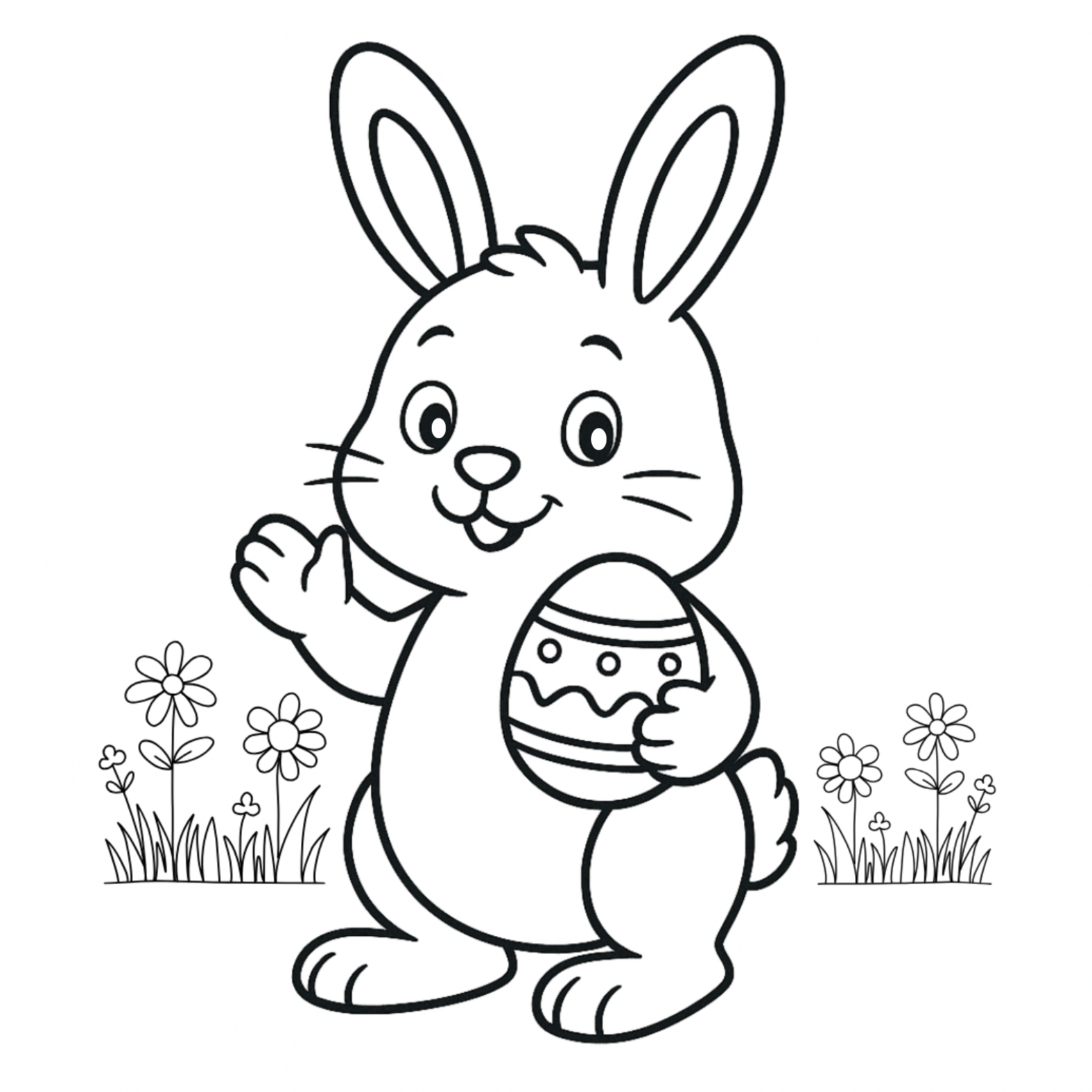 Black and white line drawing of a bunny holding an Easter egg with flowers in the background.