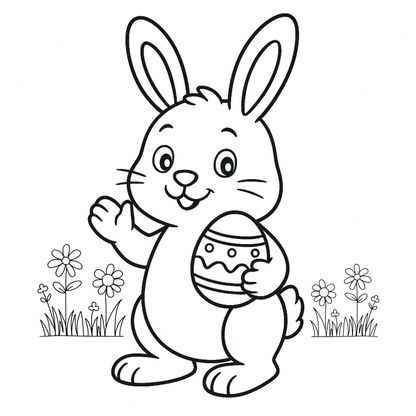 Black and white line drawing of a bunny holding an Easter egg with flowers in the background.