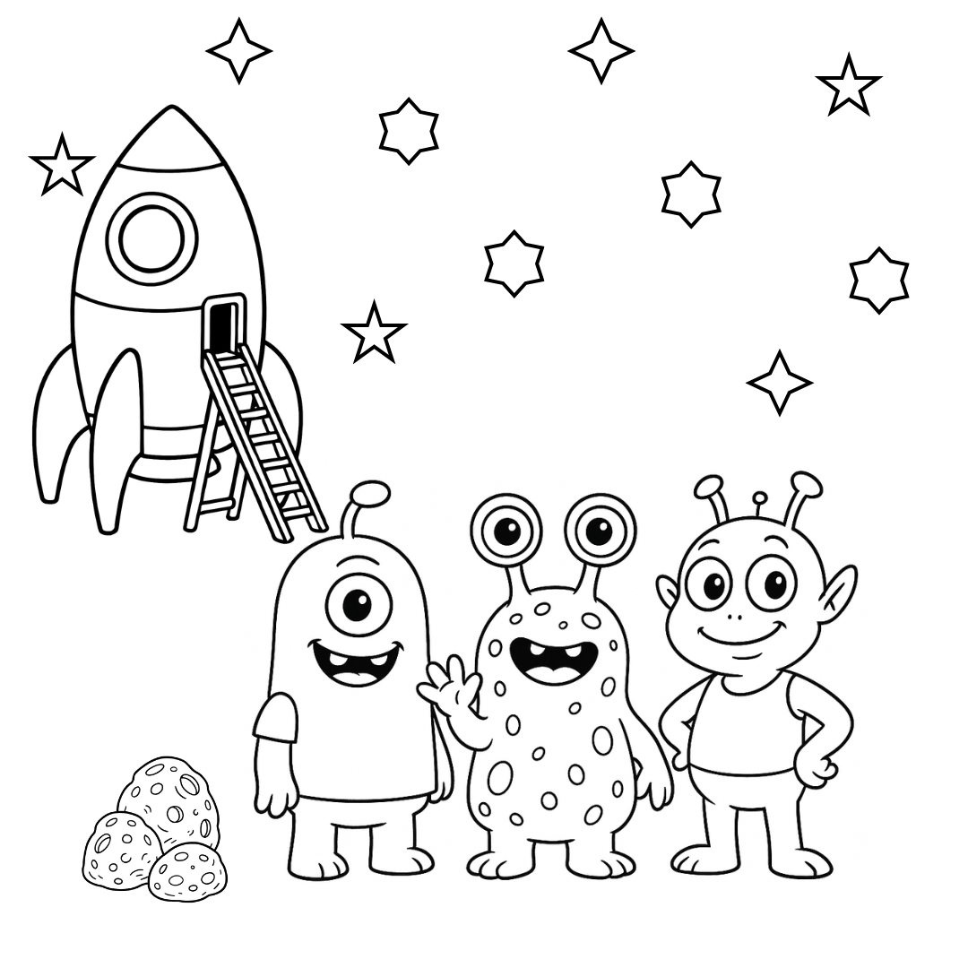 Coloring page with cartoon aliens, a rocket, and stars on a white background
