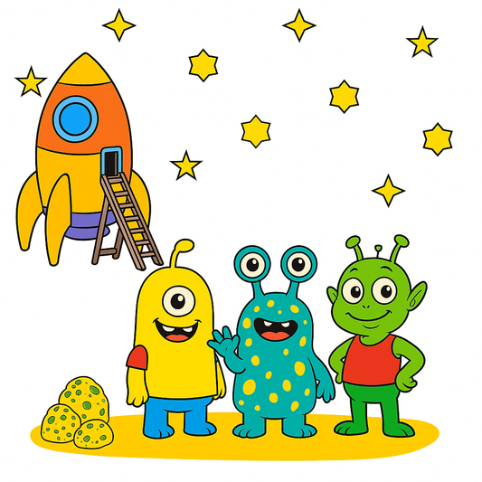 Cartoon aliens and a rocket ship with stars on a white background