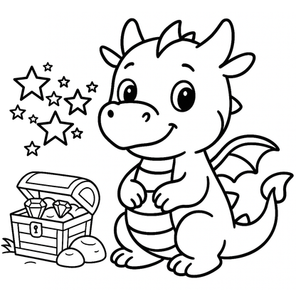 Coloring page of a cartoon dragon with stars and a treasure chest.