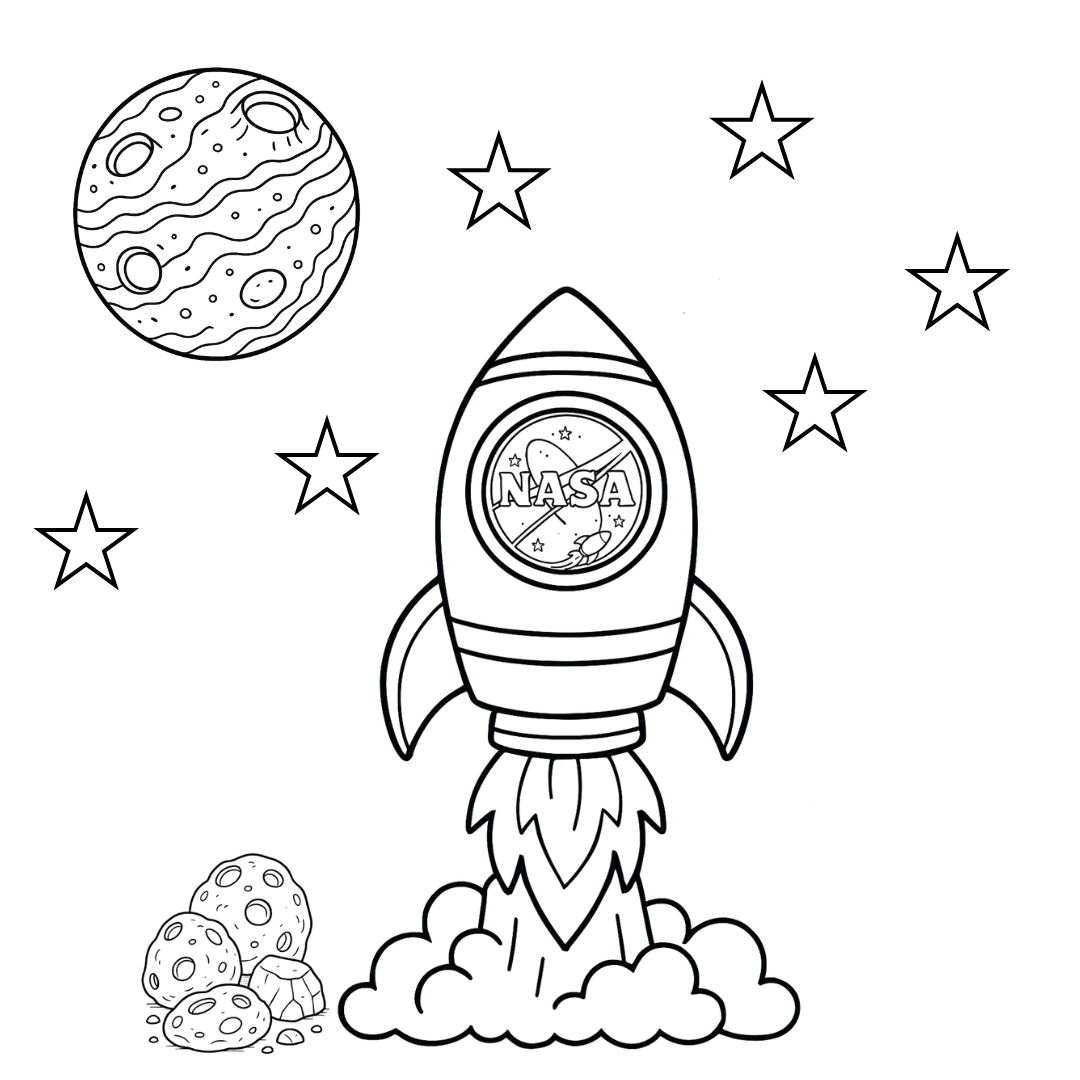 Coloring page with a rocket ship, planet, and stars.