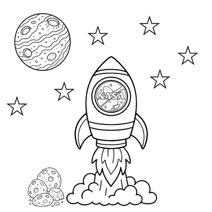 Coloring page with a rocket ship, planet, and stars.