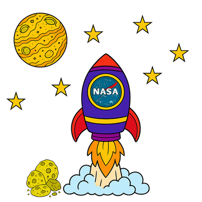 Colorful cartoon rocket with NASA logo on a white background with stars and planets.