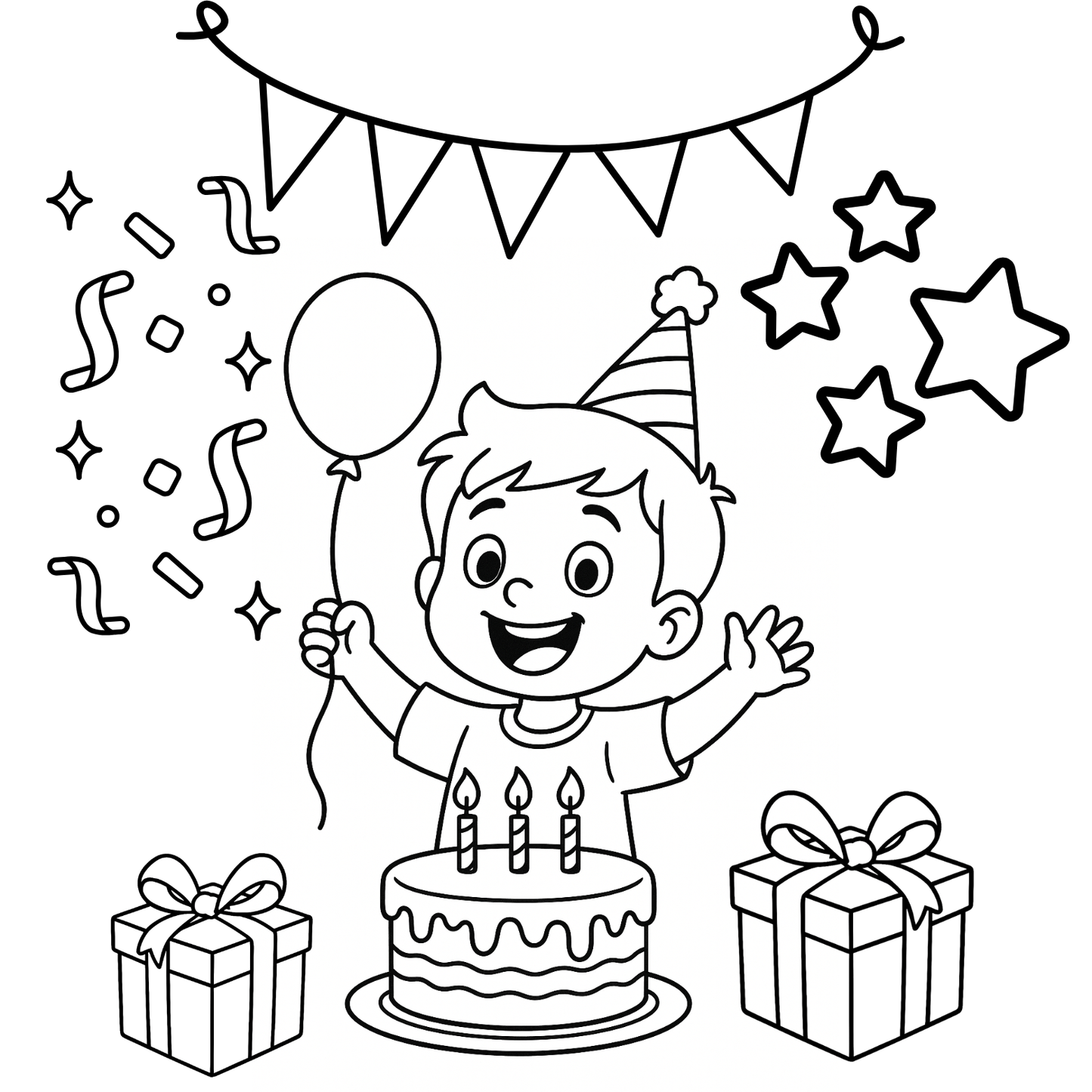 Illustration of a birthday boy with balloons, cake, and presents on a white background