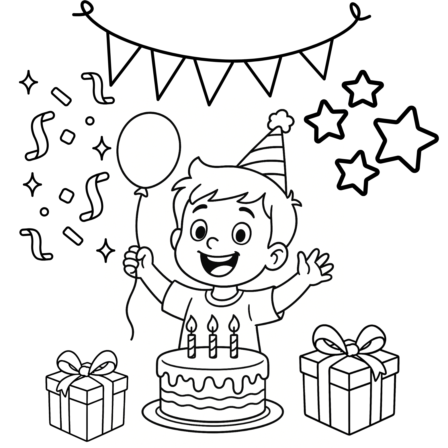 Illustration of a birthday boy with balloons, cake, and presents on a white background