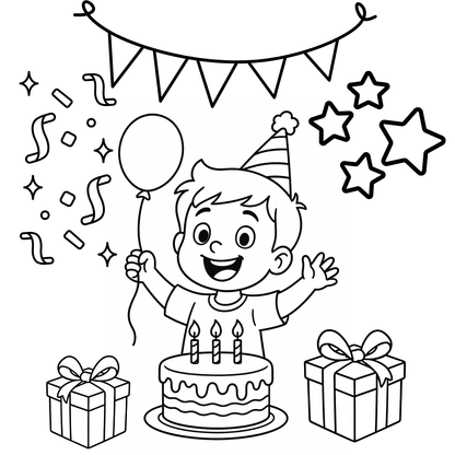 Illustration of a birthday boy with balloons, cake, and presents on a white background