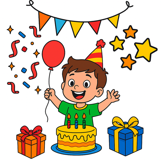 Cartoon boy celebrating a birthday with balloons, cake, and presents.