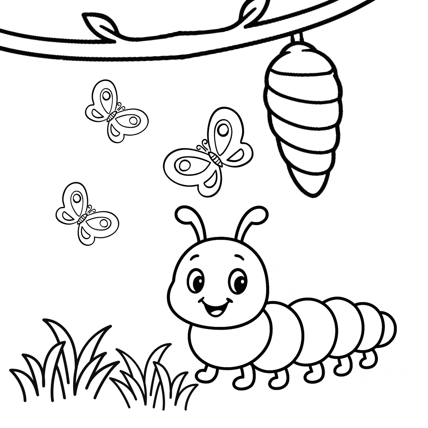Black and white illustration of a caterpillar, butterflies, and a cocoon on a white background.