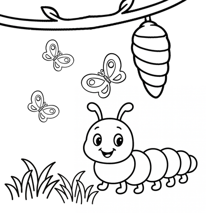 Black and white illustration of a caterpillar, butterflies, and a cocoon on a white background.