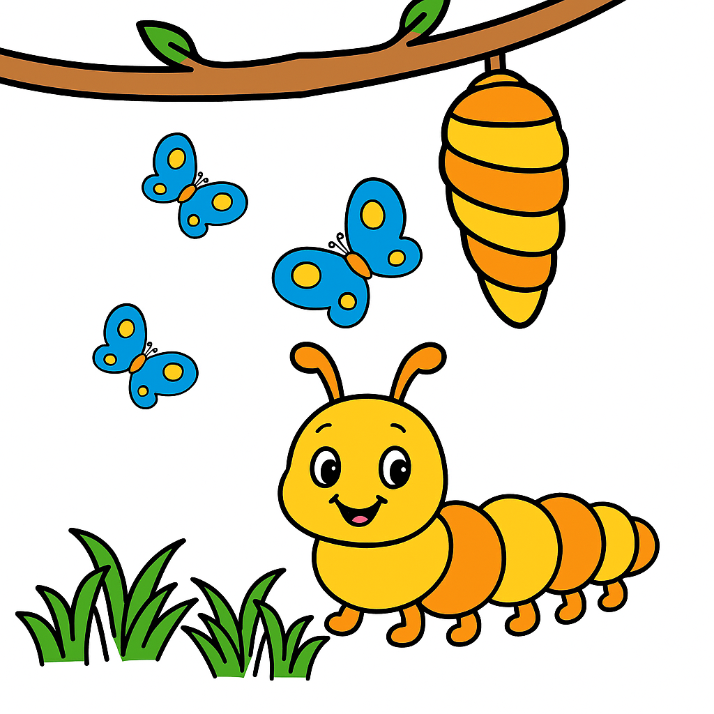 Cartoon caterpillar, butterflies, and a cocoon on a white background