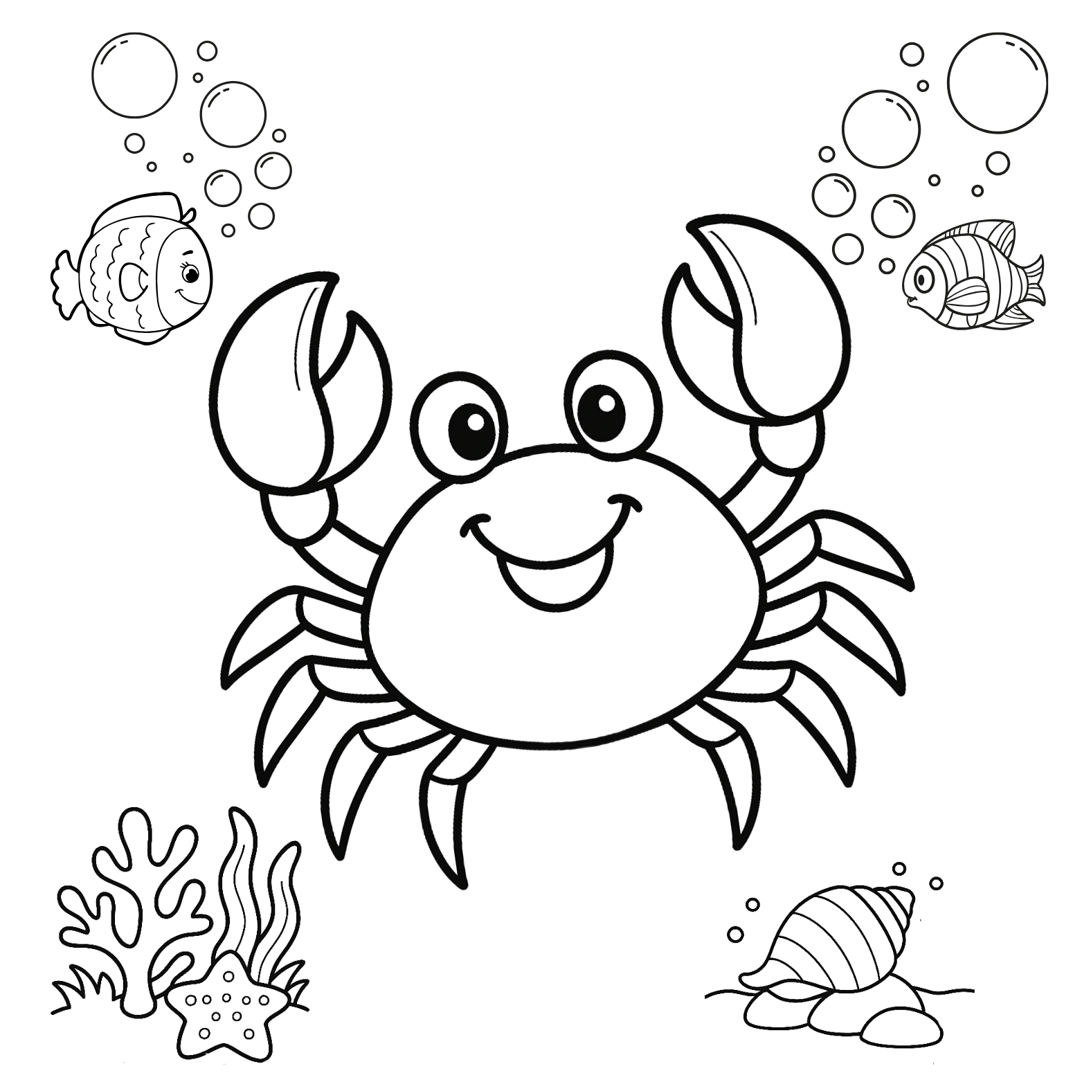 Coloring page with a crab, fish, shell, and coral on a white background