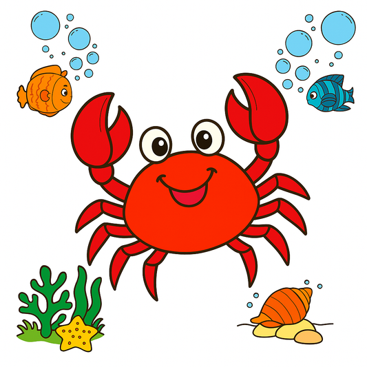 Cartoon crab with fish, bubbles, and sea plants on a white background