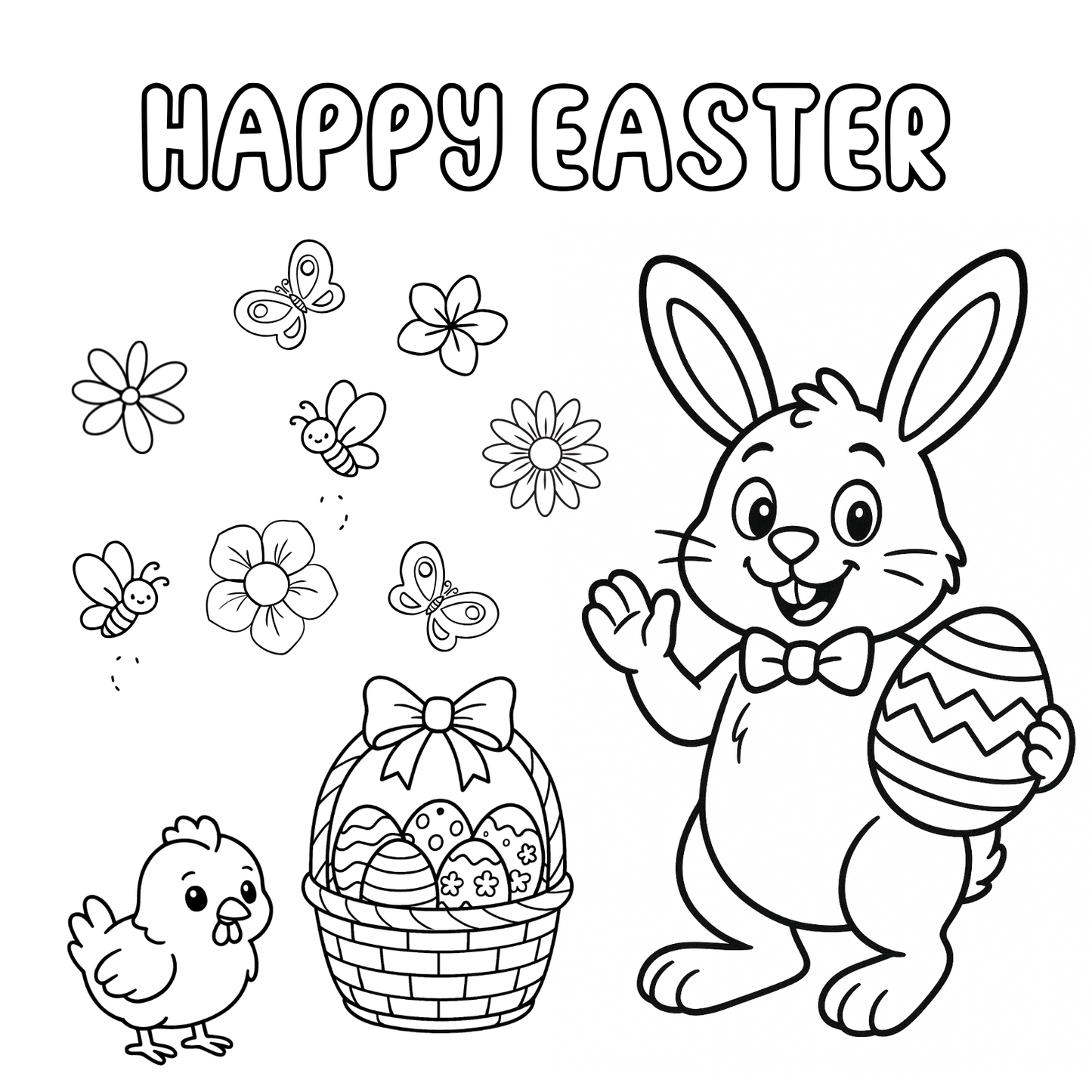 Black and white illustration of Easter elements including a bunny, chick, basket, and eggs with 'Happy Easter' text.