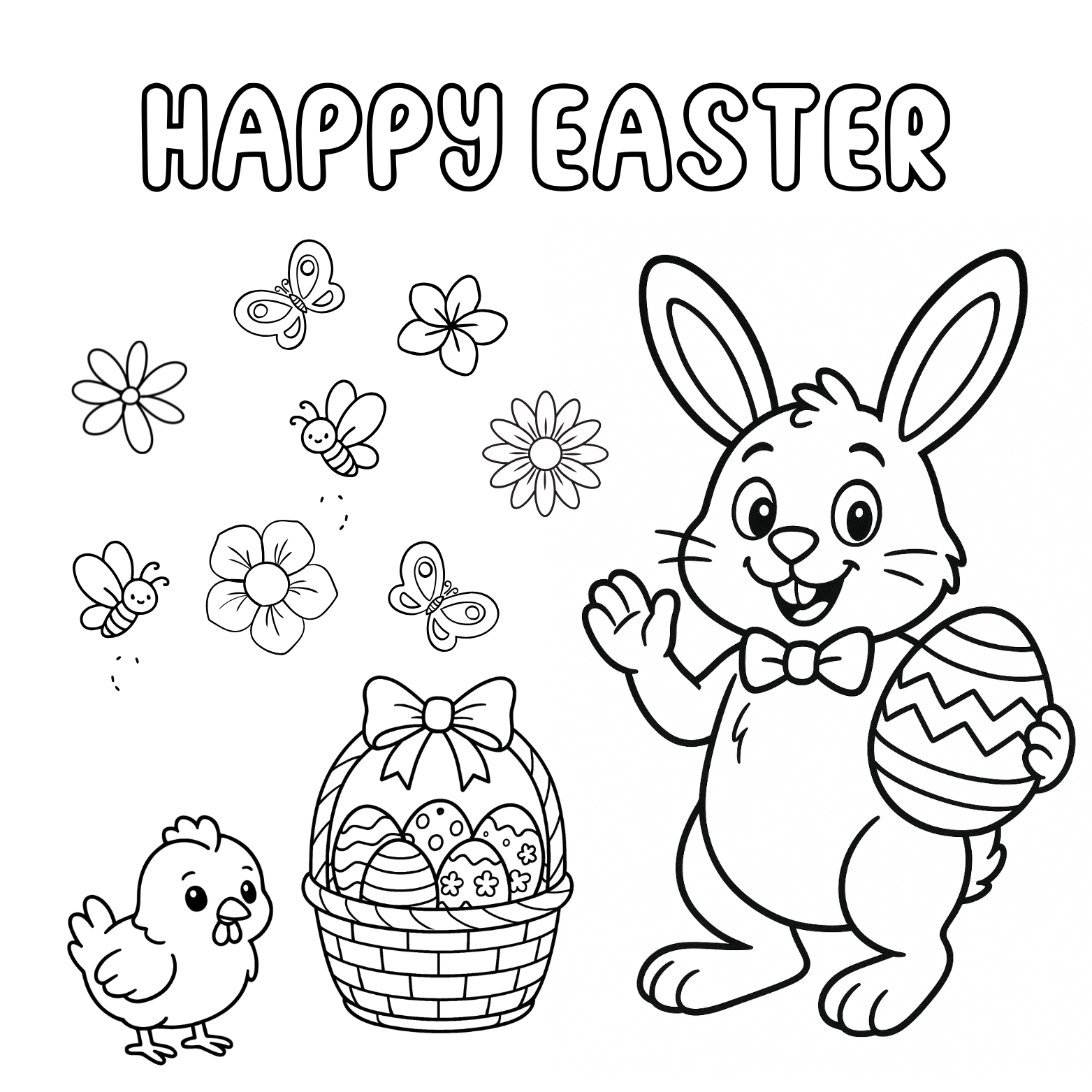 Black and white illustration of Easter elements including a bunny, chick, basket, and eggs with 'Happy Easter' text.