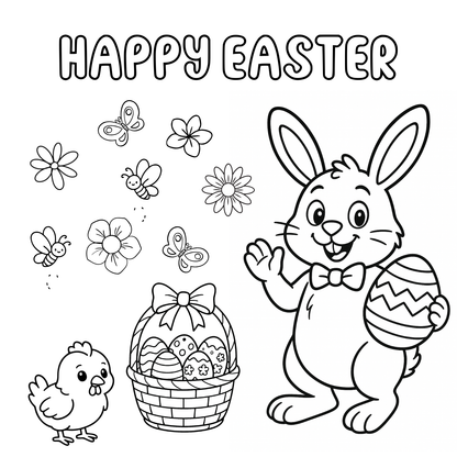 Black and white illustration of Easter elements including a bunny, chick, basket, and eggs with 'Happy Easter' text.