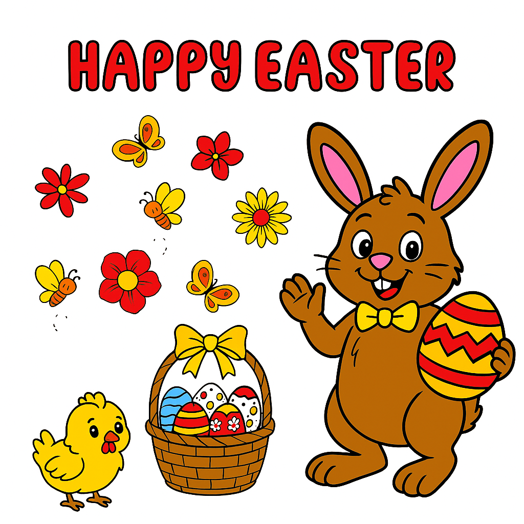 Happy Easter illustration with a bunny, chick, basket, and eggs on a white background