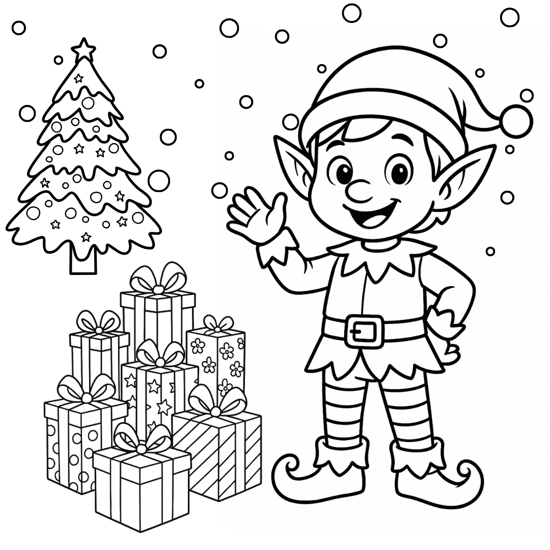 Coloring page of an elf with Christmas tree and presents