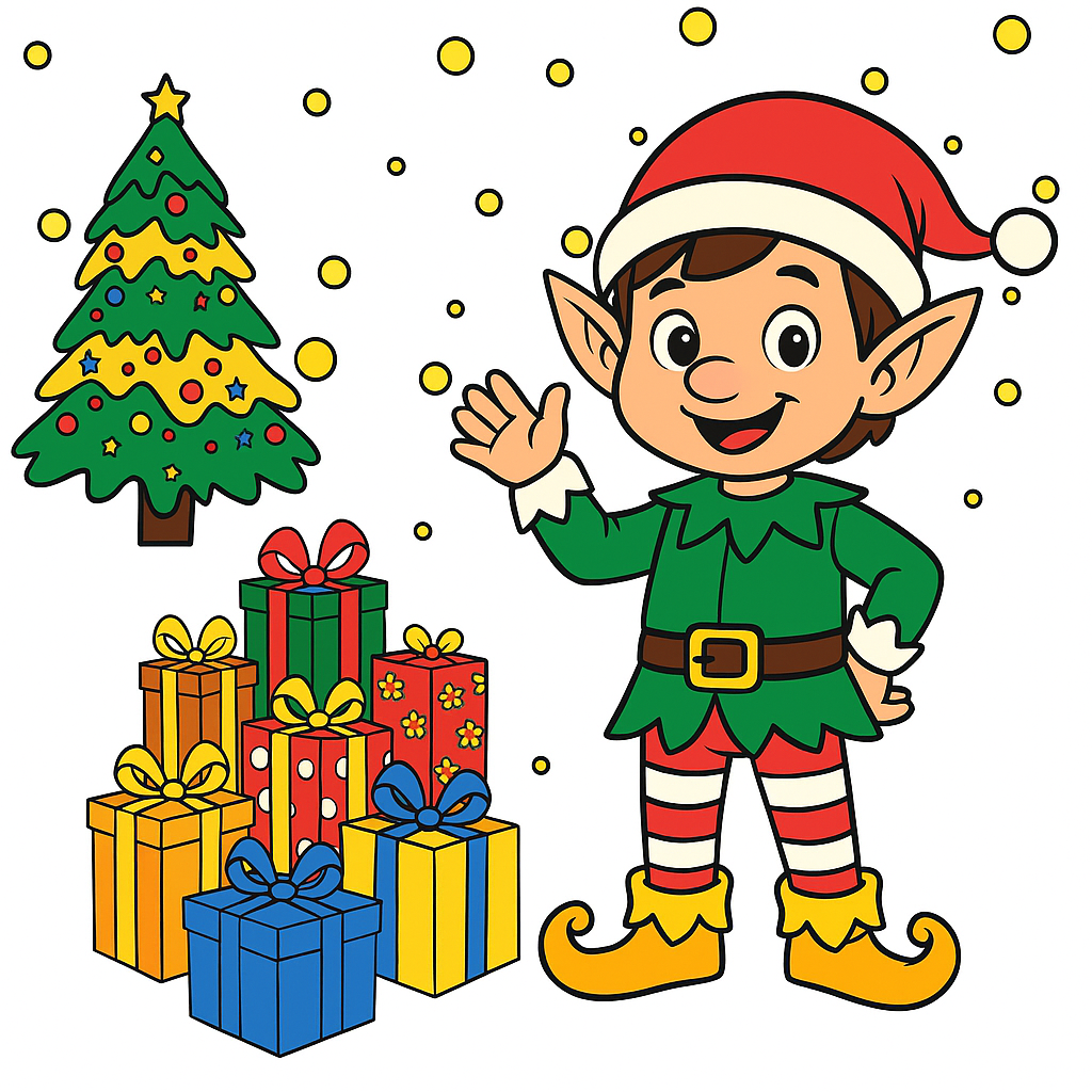 Cartoon elf with Christmas tree and presents on a white background