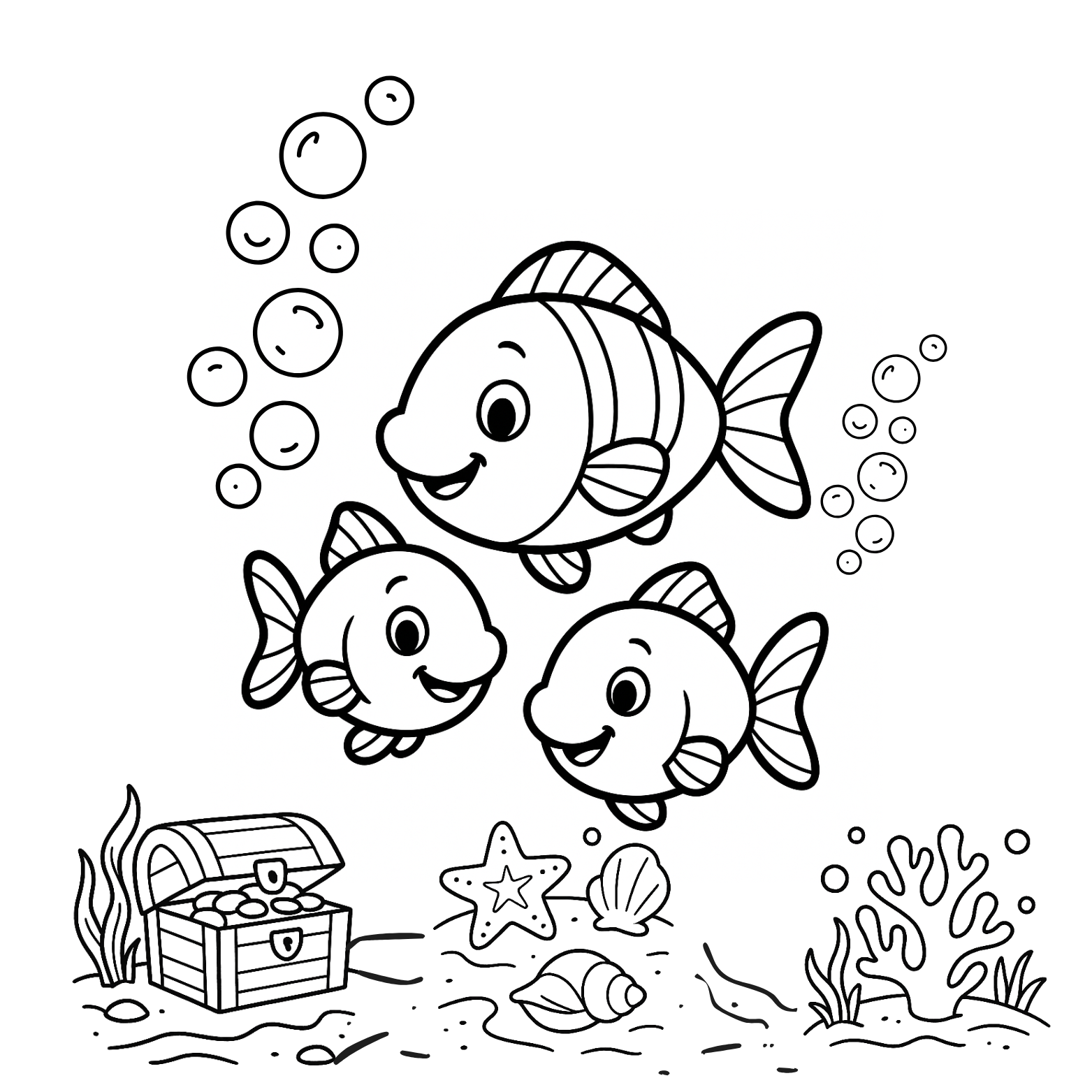 Illustration of three cartoon fish with a treasure chest and sea creatures on a white background