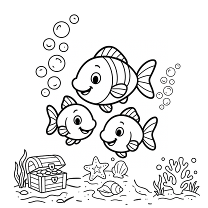 Illustration of three cartoon fish with a treasure chest and sea creatures on a white background
