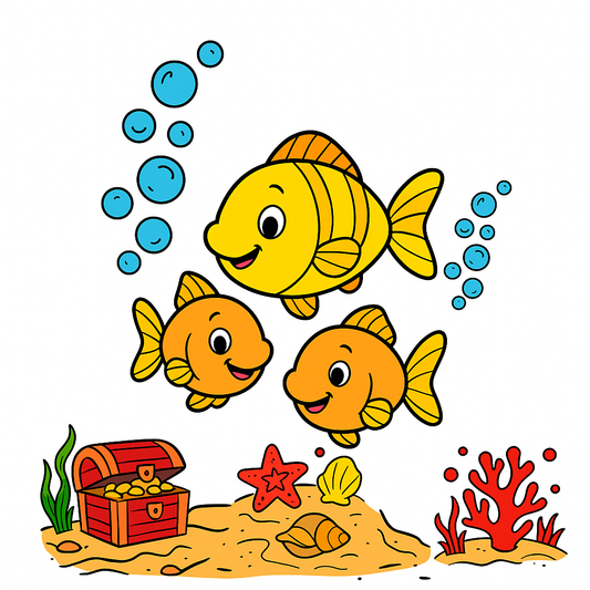Colorful illustration of three cartoon fish with a treasure chest and sea elements on a white background