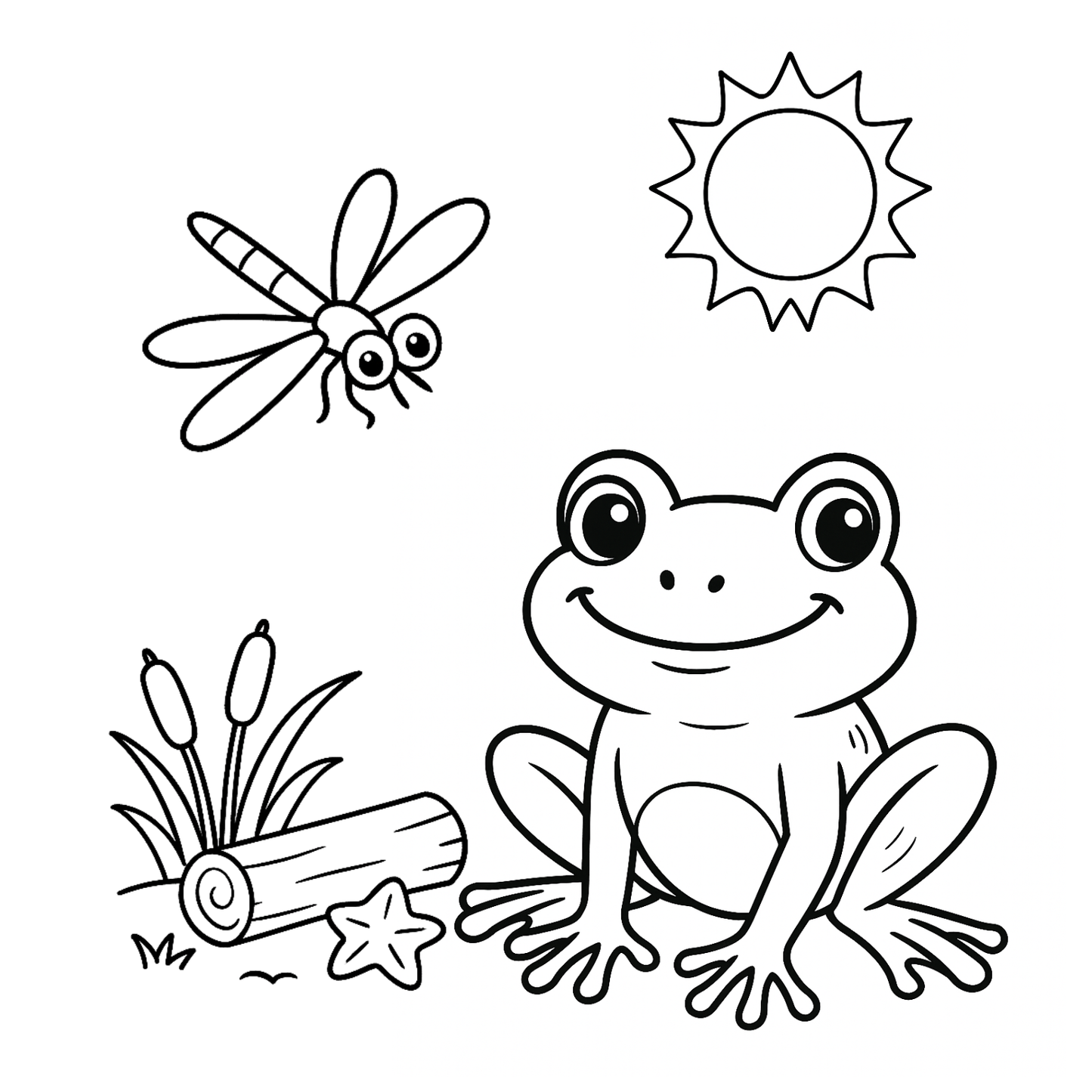 Black and white illustration of a frog, dragonfly, sun, and log on a white background