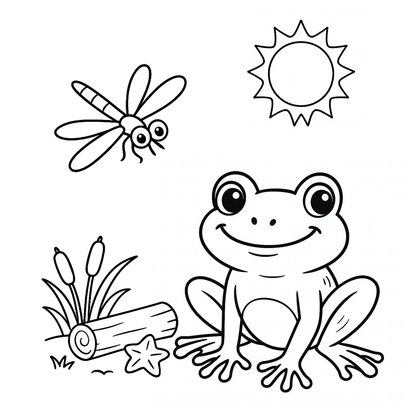 Black and white illustration of a frog, dragonfly, sun, and log on a white background