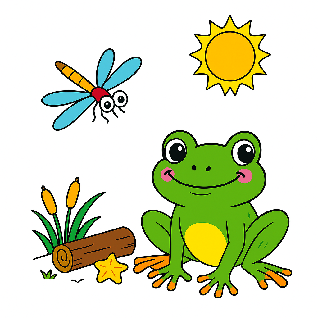 Cartoon frog with dragonfly, sun, and log on a white background
